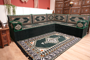 Green Moroccan Home Decor Cushion, 4" Thickness Corner Floor Seating Set, L Shaped Floor Couch, Sectional Sofa Set