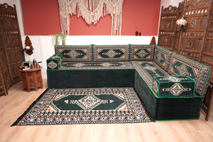 Green Moroccan Home Decor Cushion, 4" Thickness Corner Floor Seating Set, L Shaped Floor Couch, Sectional Sofa Set