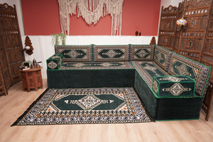 L Shaped Green Moroccan Livingroom Cushions, Corner Floor Couch, Turkish Sofa, Oriental Floor Cushions, Sofa Pillow, Floor Cushions