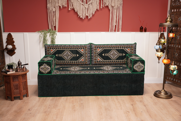 16'' Dickes Grünes Marokkanisches Sofa, Arabisches Majlis Sofa, Bodenkissen, Arabische Boden-Couch, Ecksofa, Traditionelles Wohnzimmersofa, Einzelsofas, Ecksofa
