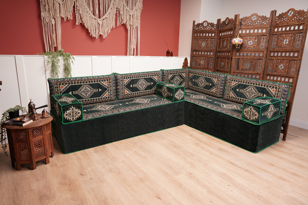L Shaped Green Moroccan Livingroom Cushions, Corner Floor Couch, Turkish Sofa, Oriental Floor Cushions, Sofa Pillow, Floor Cushions