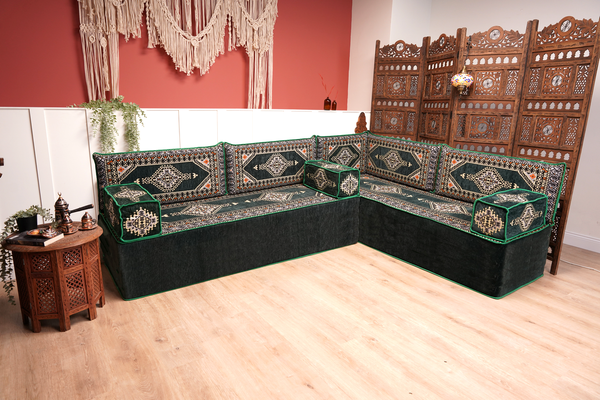 Green Moroccan Home Decor Cushion, 4" Thickness Corner Floor Seating Set, L Shaped Floor Couch, Sectional Sofa Set