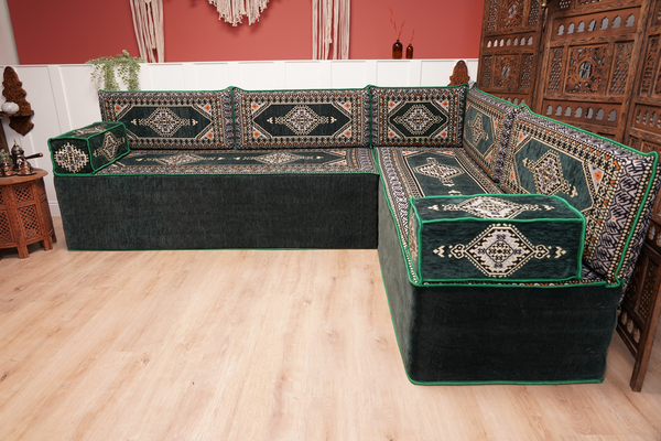 L Shaped Green Moroccan Livingroom Cushions, Corner Floor Couch, Turkish Sofa, Oriental Floor Cushions, Sofa Pillow, Floor Cushions