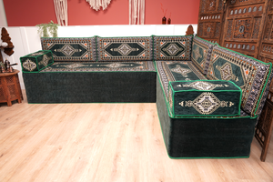Green Moroccan Home Decor Cushion, 4" Thickness Corner Floor Seating Set, L Shaped Floor Couch, Sectional Sofa Set