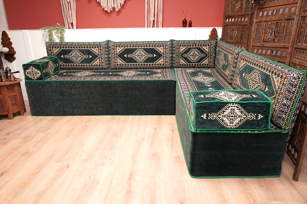 Green Moroccan Home Decor Cushion, 4" Thickness Corner Floor Seating Set, L Shaped Floor Couch, Sectional Sofa Set