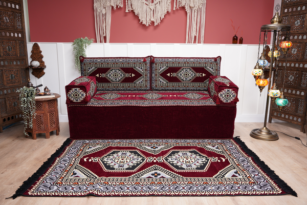 Sofa with Ottoman Couch and Rug, Bohemian Furniture, Arabic Majlis, Sectional Sofa, Turkish Rug Sofa, Moroccan Couch, Custom Made Sofa