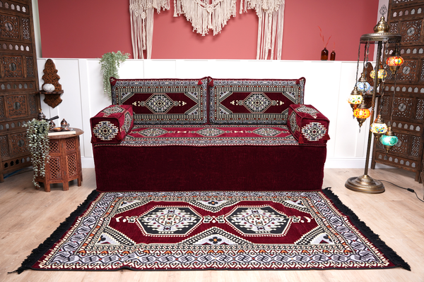 8'' Thickness Sofa Set, Palace Maroon Arabic Floor Cushions, Traditional Moroccan Sofa Seatings, Arabic Majlis, Boho Floor Sofa Set