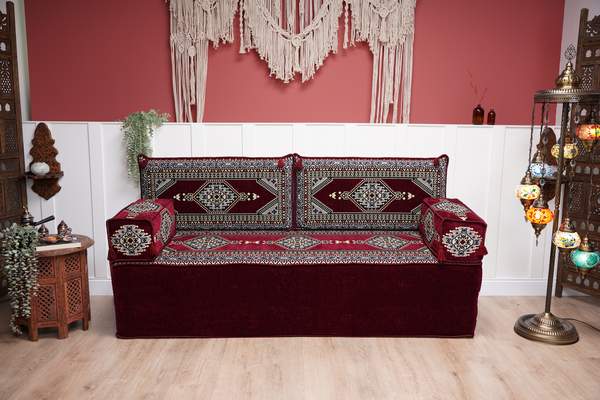 16" Einzelsessel-Sets, maroonfarbener Zweiersofa arabisches Sofa, türkisches Bodensessel, marokkanisches Kissen, ethnisches Bodenkissen, arabisches Bodensessel