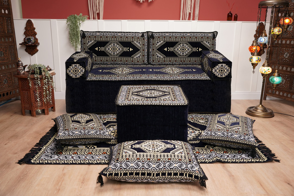 Navy Blue Arabic Sofa with Ottoman Couch and Rug, Floor Cushion Seating, Arabic Jalsa Set, Sectional Sofa, Arabic Sofa Seating, Moroccan Sofa