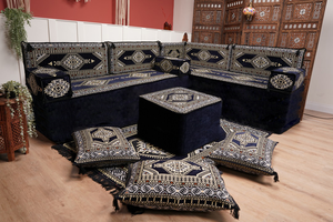 Arabic Corner Floor Couch, L Shaped Navy Blue Turkish Sofa, Oriental Floor Cushions, Arabic Majlis, Traditional Living Room Sofa, Arabic Jalsa Set