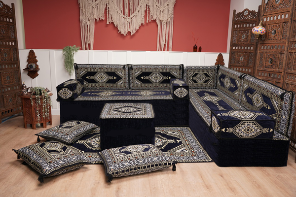 Arabic Corner Floor Couch, L Shaped Navy Blue Turkish Sofa, Oriental Floor Cushions, Arabic Majlis, Traditional Living Room Sofa, Arabic Jalsa Set