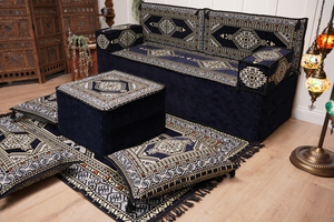 Navy Blue Arabic Sofa with Ottoman Couch and Rug, Floor Cushion Seating, Arabic Jalsa Set, Sectional Sofa, Arabic Sofa Seating, Moroccan Sofa