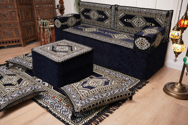 Navy Blue Arabic Sofa with Ottoman Couch and Rug, Floor Cushion Seating, Arabic Jalsa Set, Sectional Sofa, Arabic Sofa Seating, Moroccan Sofa