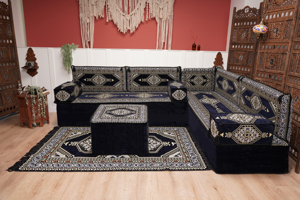 Arabic Corner Floor Couch, L Shaped Navy Blue Turkish Sofa, Oriental Floor Cushions, Arabic Majlis, Traditional Living Room Sofa, Arabic Jalsa Set