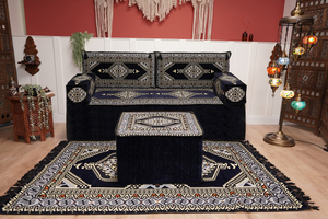 Navy Blue Arabic Sofa with Ottoman Couch and Rug, Floor Cushion Seating, Arabic Jalsa Set, Sectional Sofa, Arabic Sofa Seating, Moroccan Sofa