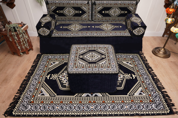 Navy Blue Arabic Sofa with Ottoman Couch and Rug, Floor Cushion Seating, Arabic Jalsa Set, Sectional Sofa, Arabic Sofa Seating, Moroccan Sofa