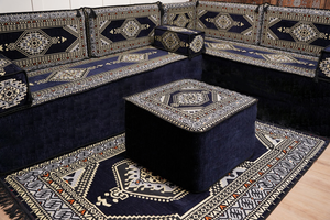 Arabic Corner Floor Couch, L Shaped Navy Blue Turkish Sofa, Oriental Floor Cushions, Arabic Majlis, Traditional Living Room Sofa, Arabic Jalsa Set