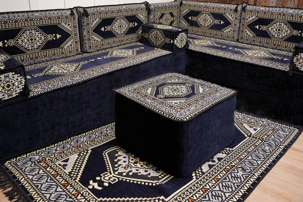 Arabic Corner Floor Couch, L Shaped Navy Blue Turkish Sofa, Oriental Floor Cushions, Arabic Majlis, Traditional Living Room Sofa, Arabic Jalsa Set