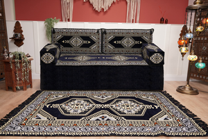 Navy Blue Arabic Sofa with Ottoman Couch and Rug, Floor Cushion Seating, Arabic Jalsa Set, Sectional Sofa, Arabic Sofa Seating, Moroccan Sofa