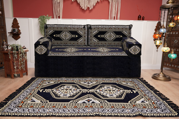 Navy Blue Arabic Sofa with Ottoman Couch and Rug, Floor Cushion Seating, Arabic Jalsa Set, Sectional Sofa, Arabic Sofa Seating, Moroccan Sofa