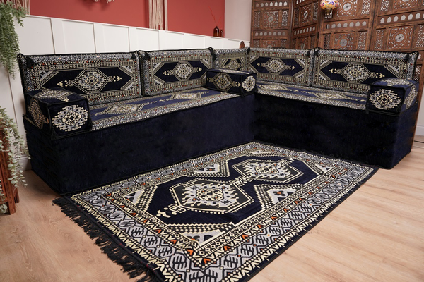 Arabic Corner Floor Couch, L Shaped Navy Blue Turkish Sofa, Oriental Floor Cushions, Arabic Majlis, Traditional Living Room Sofa, Arabic Jalsa Set