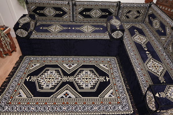 Arabic Corner Floor Couch, L Shaped Navy Blue Turkish Sofa, Oriental Floor Cushions, Arabic Majlis, Traditional Living Room Sofa, Arabic Jalsa Set