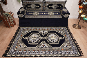 Navy Blue Arabic Sofa with Ottoman Couch and Rug, Floor Cushion Seating, Arabic Jalsa Set, Sectional Sofa, Arabic Sofa Seating, Moroccan Sofa