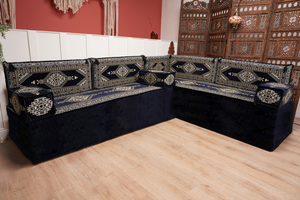 Arabic Corner Floor Couch, L Shaped Navy Blue Turkish Sofa, Oriental Floor Cushions, Arabic Majlis, Traditional Living Room Sofa, Arabic Jalsa Set
