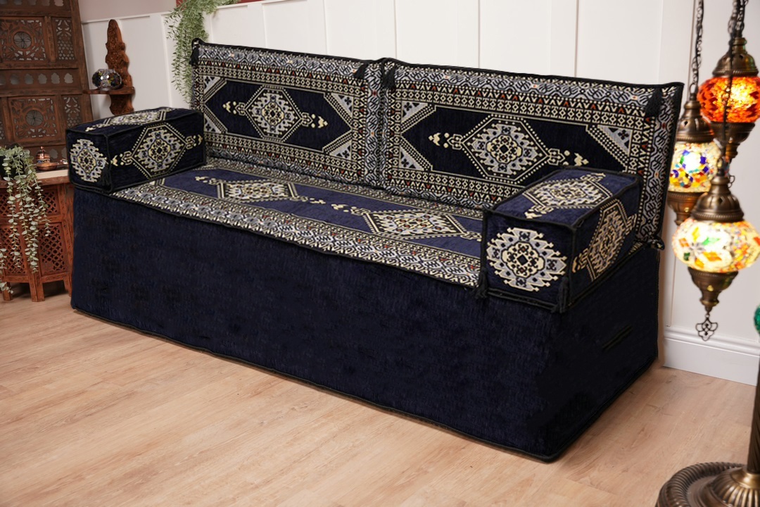 Marineblaue Palast-Eleganz: Einstöckiges Sofa-Set – Handgefertigte Majlis-Couch – Traditionelle marokkanische Sitzmöbel nach Maß