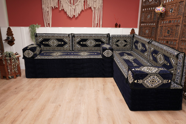Arabic Corner Floor Couch, L Shaped Navy Blue Turkish Sofa, Oriental Floor Cushions, Arabic Majlis, Traditional Living Room Sofa, Arabic Jalsa Set