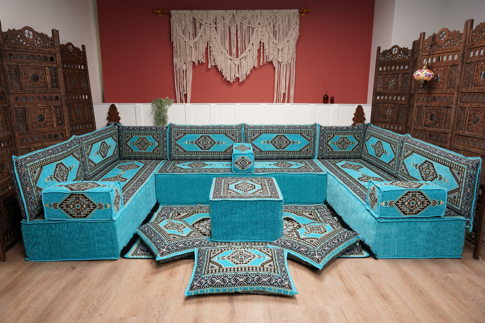 U Shaped Turquoise Arabic Majlis Sofa, Floor Cushions, Arabic Jalsa Set, Modern Couches, Arabic Floor Seating Sofa, Sofa Couch