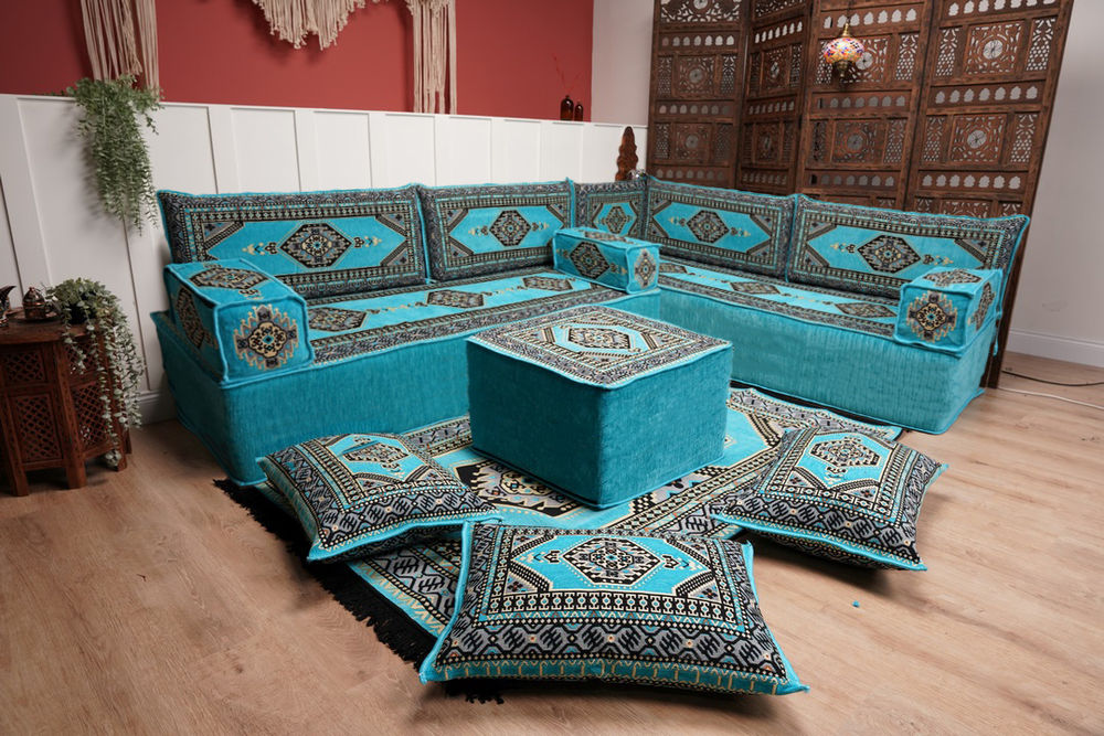 L Shaped Turquoise Turkish Sofa, 16'' Thickness Arabic Majlis, Living Room Sofa, Boho Floor Seating, Moroccan Style Sofa, Ottoman Floor Cushion