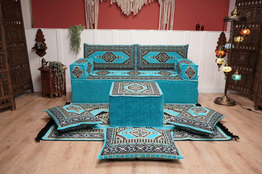 Turquoise Loveseat Arabic Sofa, Arabic Majlis, Moroccan Sofa with Ottoman Couch and Rug, Living Room Sofa, Arabic Jalsa Set, Floor Sofa Seating