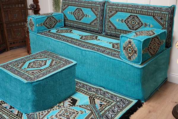 Turquoise Loveseat Arabic Sofa, Arabic Majlis, Moroccan Sofa with Ottoman Couch and Rug, Living Room Sofa, Arabic Jalsa Set, Floor Sofa Seating