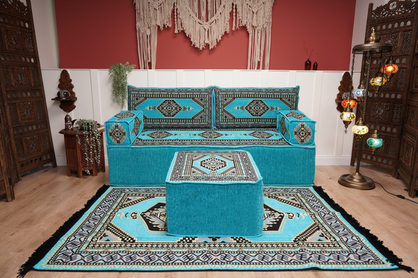 Turquoise Loveseat Arabic Sofa, Arabic Majlis, Moroccan Sofa with Ottoman Couch and Rug, Living Room Sofa, Arabic Jalsa Set, Floor Sofa Seating
