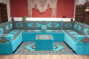 U Shaped Turquoise Arabic Floor Sofa Set, Floor Cushions, Balcony Patio Sofas, Pallet Sofa, Ethnic Sofa, Moroccan Sofas