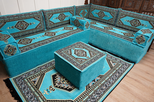 أريكة تركية فيروزية على شكل حرف L، مجلس عربي بسمك 16 بوصة، أريكة غرفة معيشة، مقعد أرضي بوهو، أريكة على الطراز المغربي، وسادة أرضية عثمانية
