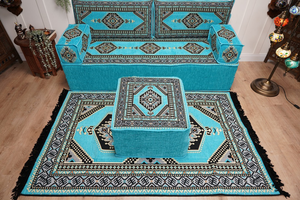 Turquoise Loveseat Arabic Sofa, Arabic Majlis, Moroccan Sofa with Ottoman Couch and Rug, Living Room Sofa, Arabic Jalsa Set, Floor Sofa Seating
