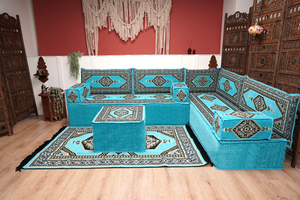 Turquoise L Shaped Sectional Sofas, Floor Cushions, Arabic Sofa Set, Pallet Sofa, Arabic Majlis, Pouffs