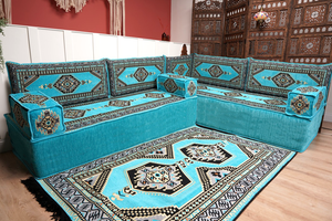 Turquoise L Shaped Sectional Sofas, Floor Cushions, Arabic Sofa Set, Pallet Sofa, Arabic Majlis, Pouffs