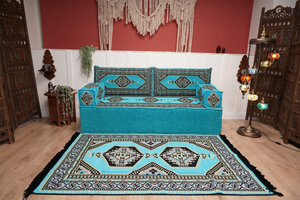 Turquoise Loveseat Arabic Sofa, Arabic Majlis, Moroccan Sofa with Ottoman Couch and Rug, Living Room Sofa, Arabic Jalsa Set, Floor Sofa Seating