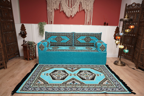 Turquoise Loveseat Arabic Sofa, Arabic Majlis, Moroccan Sofa with Ottoman Couch and Rug, Living Room Sofa, Arabic Jalsa Set, Floor Sofa Seating