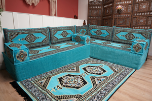 أريكة تركية فيروزية على شكل حرف L، مجلس عربي بسمك 16 بوصة، أريكة غرفة معيشة، مقعد أرضي بوهو، أريكة على الطراز المغربي، وسادة أرضية عثمانية