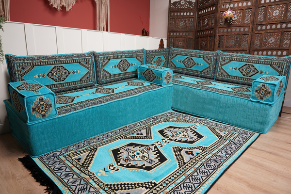 أريكة تركية فيروزية على شكل حرف L، مجلس عربي بسمك 16 بوصة، أريكة غرفة معيشة، مقعد أرضي بوهو، أريكة على الطراز المغربي، وسادة أرضية عثمانية