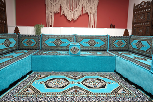 U Shaped Turquoise Arabic Floor Sofa Set, Floor Cushions, Balcony Patio Sofas, Pallet Sofa, Ethnic Sofa, Moroccan Sofas