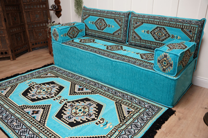 Turquoise Loveseat Arabic Sofa, Arabic Majlis, Moroccan Sofa with Ottoman Couch and Rug, Living Room Sofa, Arabic Jalsa Set, Floor Sofa Seating