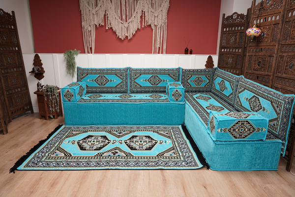 أريكة تركية فيروزية على شكل حرف L، مجلس عربي بسمك 16 بوصة، أريكة غرفة معيشة، مقعد أرضي بوهو، أريكة على الطراز المغربي، وسادة أرضية عثمانية