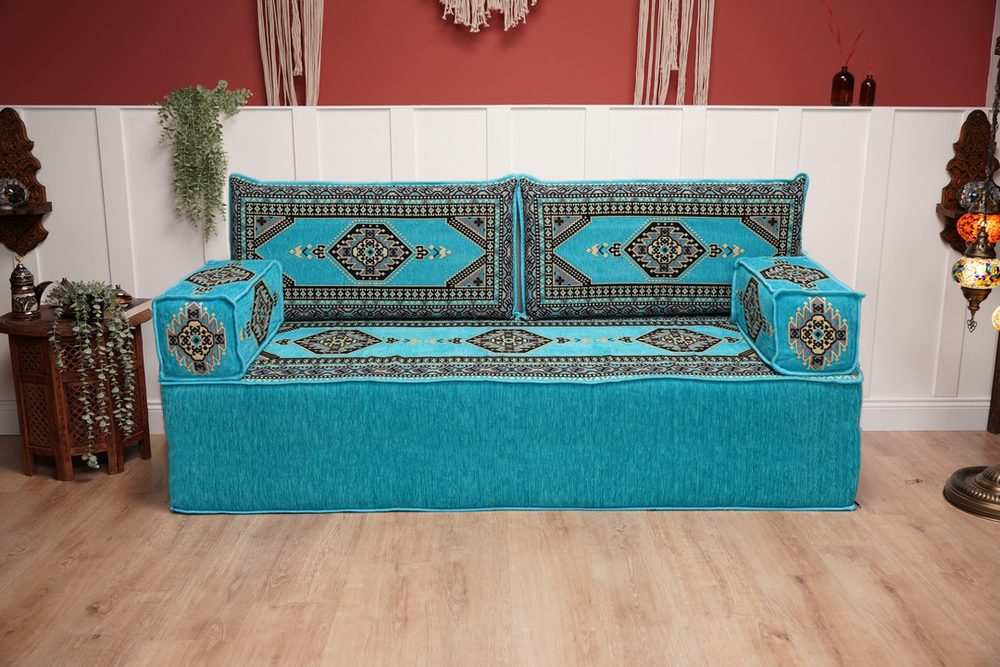 Turquoise Arabic Sofa Seating, Turkish Floor Cushion, Single Sofa Sets, Oriental Floor Cushion, Sectional Sofa, Arabic Majlis, Traditional Living Room Sofa