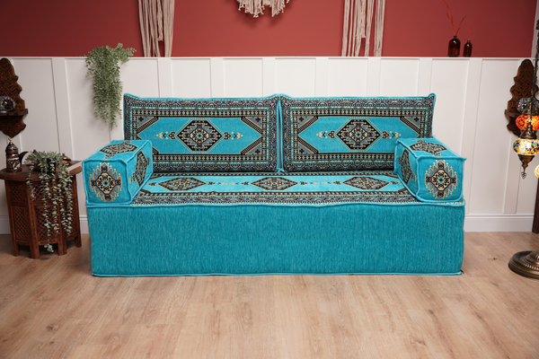 Turquoise Loveseat Arabic Sofa, Arabic Majlis, Moroccan Sofa with Ottoman Couch and Rug, Living Room Sofa, Arabic Jalsa Set, Floor Sofa Seating