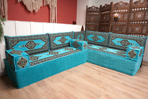 Turquoise L Shaped Sectional Sofas, Floor Cushions, Arabic Sofa Set, Pallet Sofa, Arabic Majlis, Pouffs
